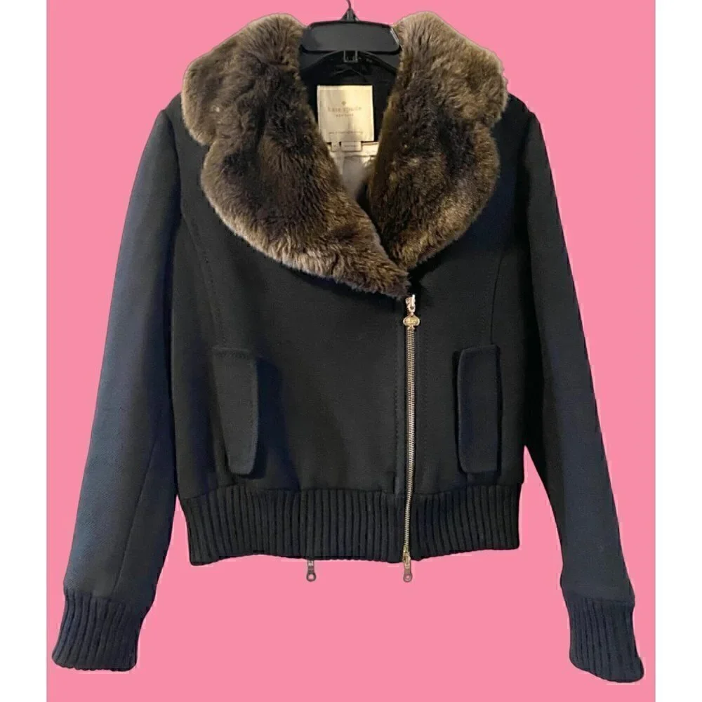 kate spade trina fur collar wool jacket 4 double zipper brown black $698